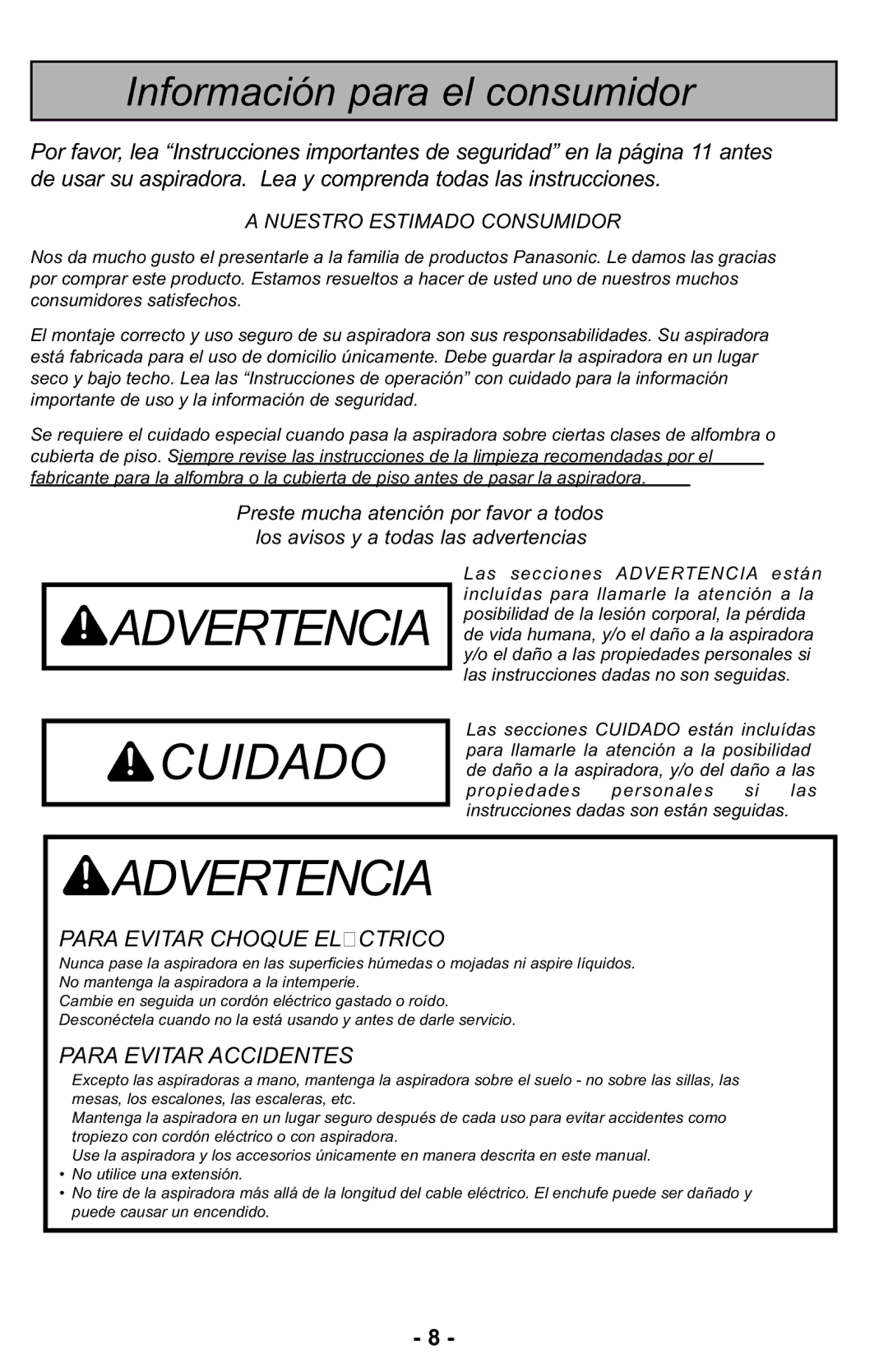 Panasonic MC-UL427 operating instructions Advertencia Cuidado 