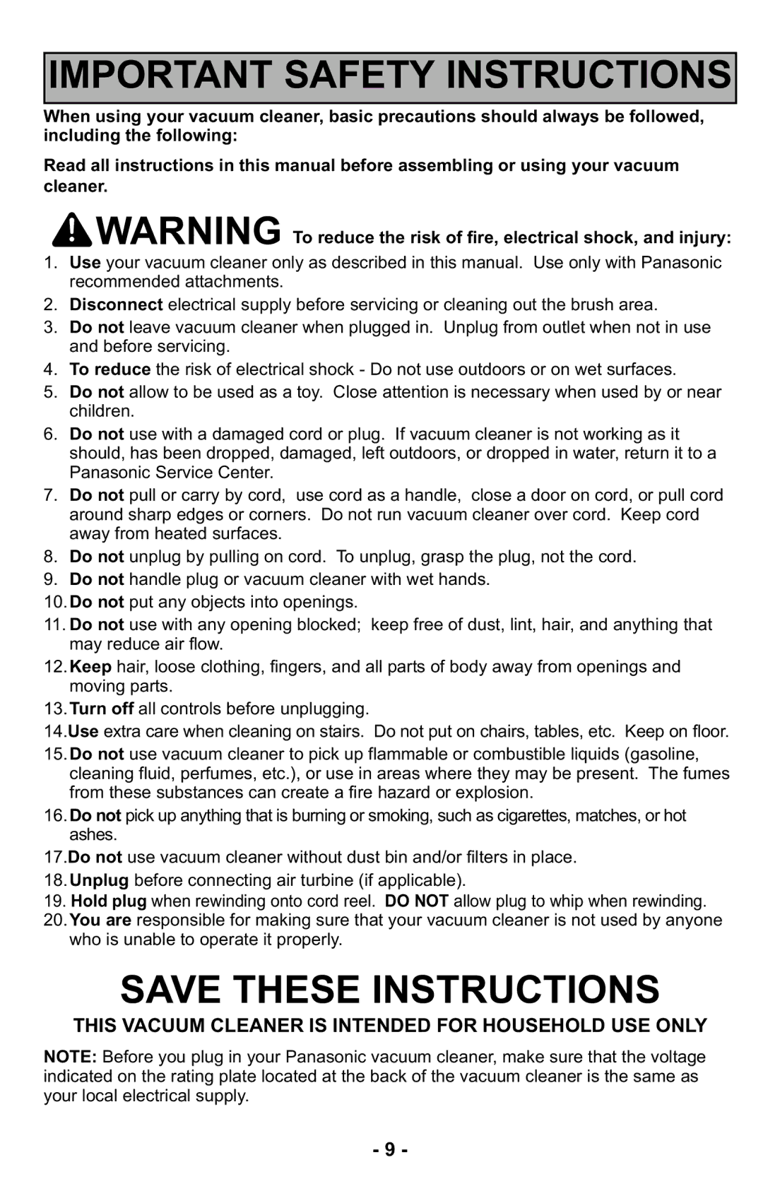 Panasonic MC-UL427 operating instructions Important Safety Instructions 