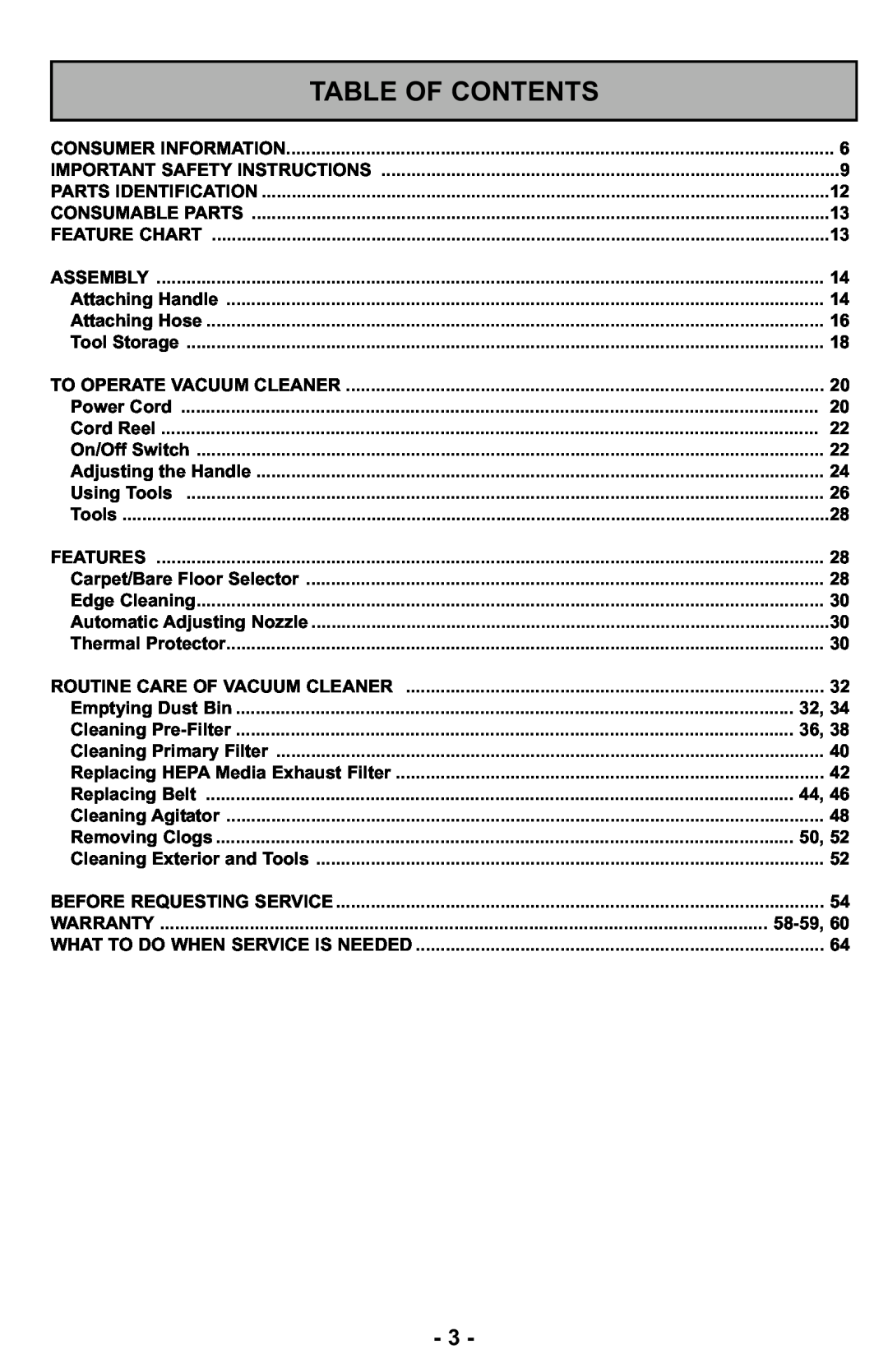 Panasonic MC-UL427 operating instructions Table Of Contents 