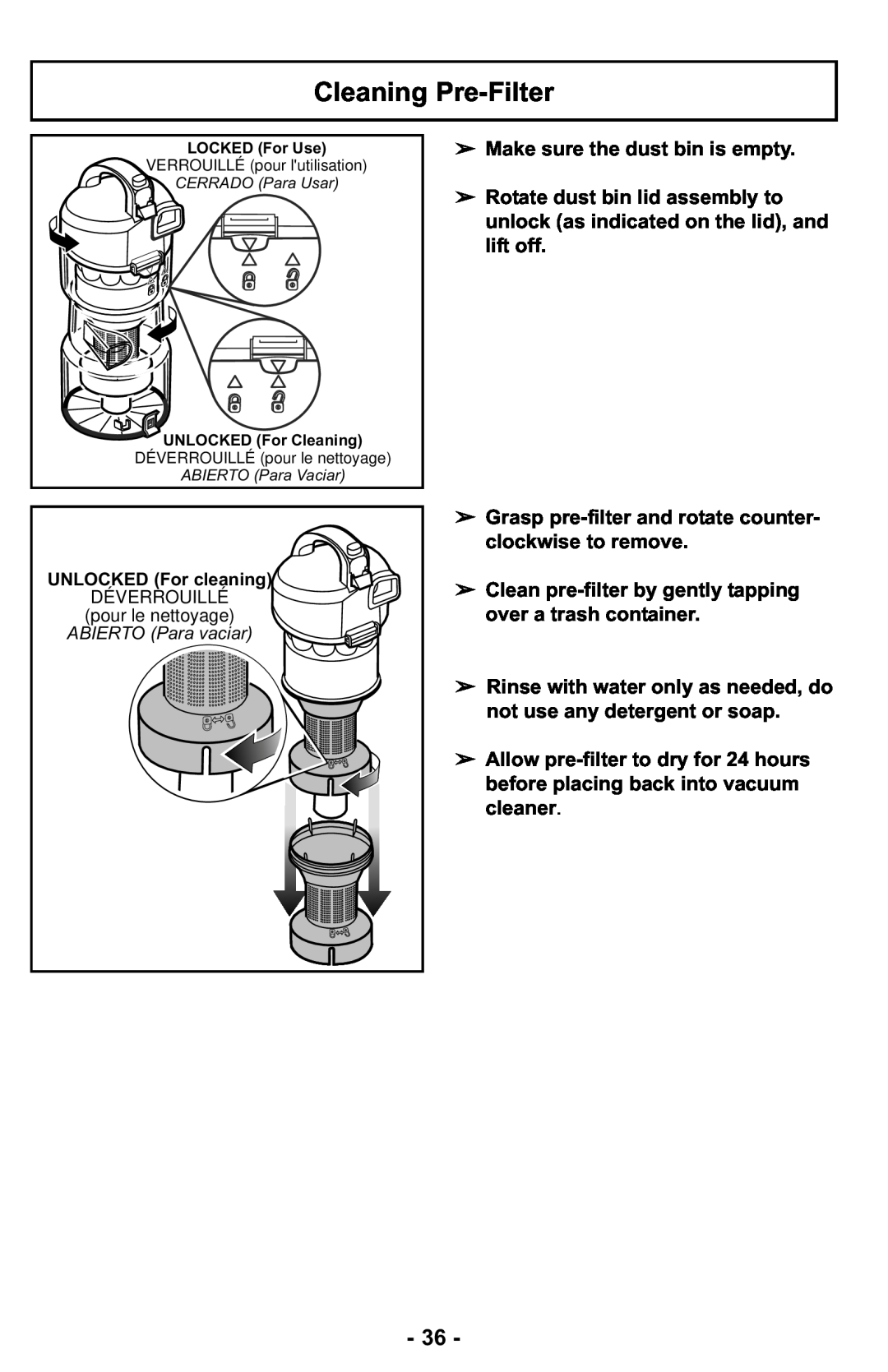 Panasonic MC-UL427 operating instructions Cleaning Pre-Filter 
