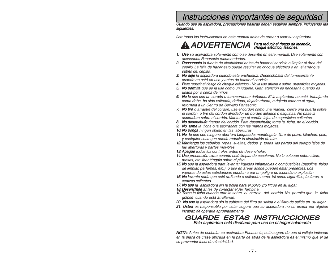 Panasonic MC-UL671 manuel dutilisation Instrucciones importantes de seguridad 