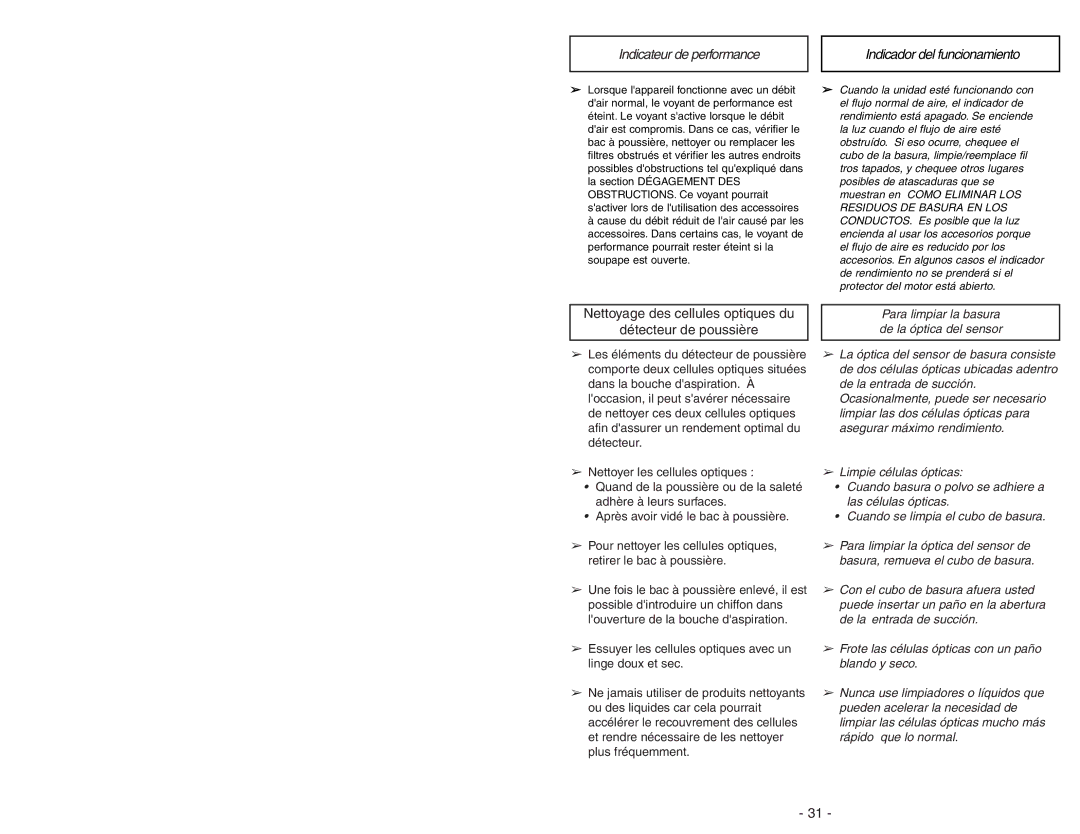 Panasonic MC-UL675 manuel dutilisation Indicateur de performance Indicador del funcionamiento 