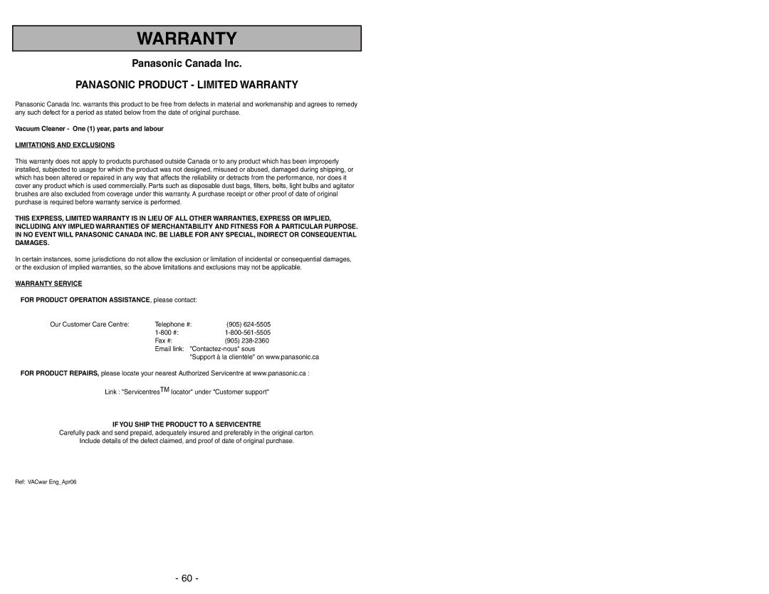 Panasonic MC-UL675 manuel dutilisation Panasonic Product Limited Warranty 