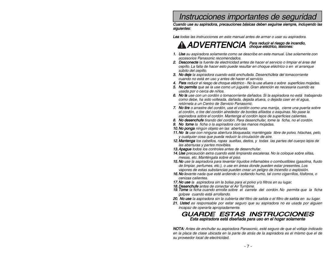 Panasonic MC-UL675 manuel dutilisation Instrucciones importantes de seguridad 