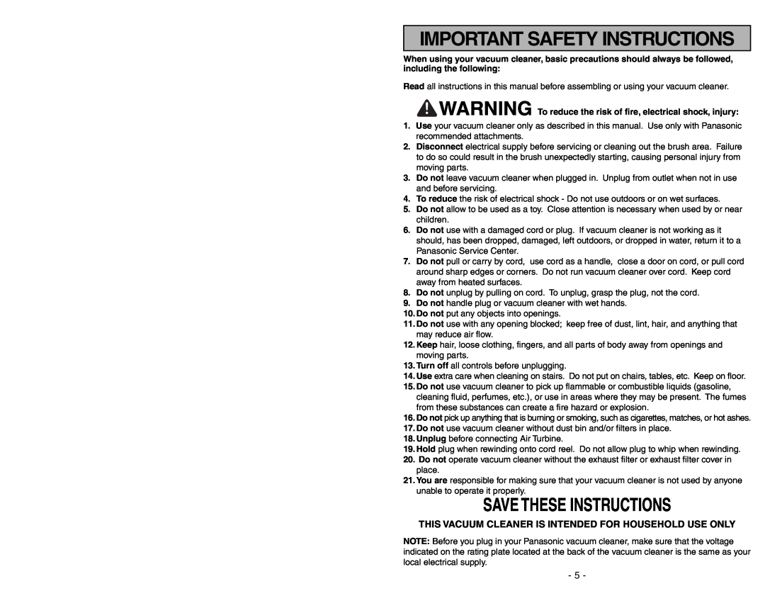 Panasonic MC-UL675 manuel dutilisation Important Safety Instructions, Save These Instructions 