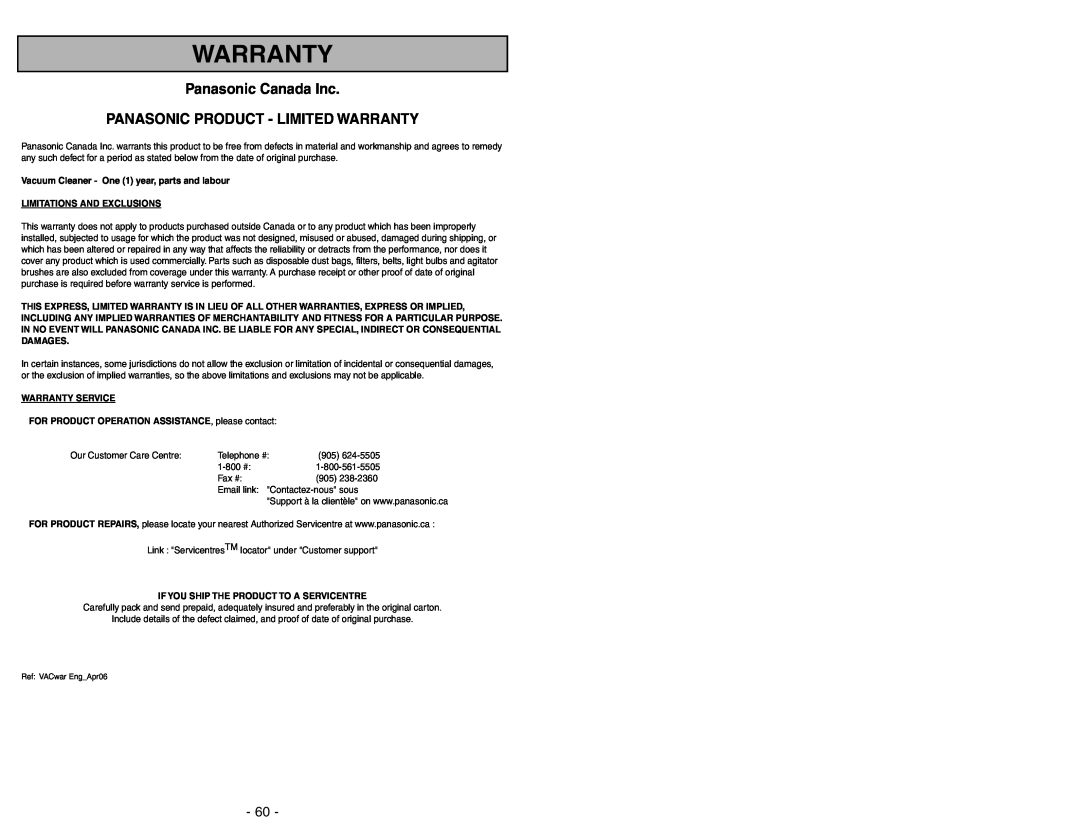 Panasonic MC-UL675 Panasonic Canada Inc, Panasonic Product - Limited Warranty, Limitations And Exclusions 