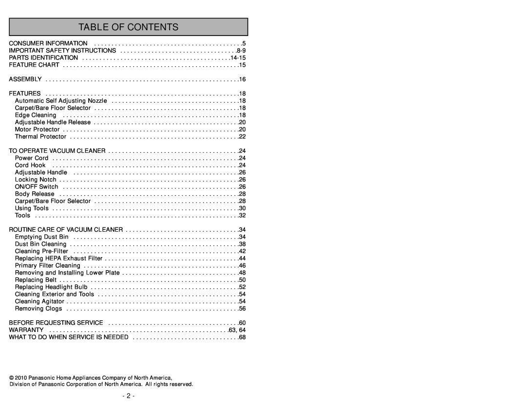 Panasonic MC-UL910 operating instructions Table Of Contents 