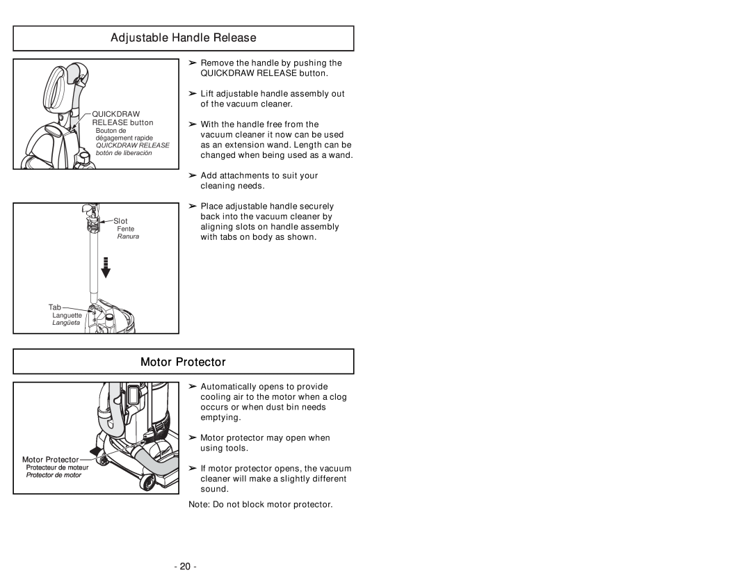 Panasonic MC-UL910 operating instructions Adjustable Handle Release, Motor Protector 