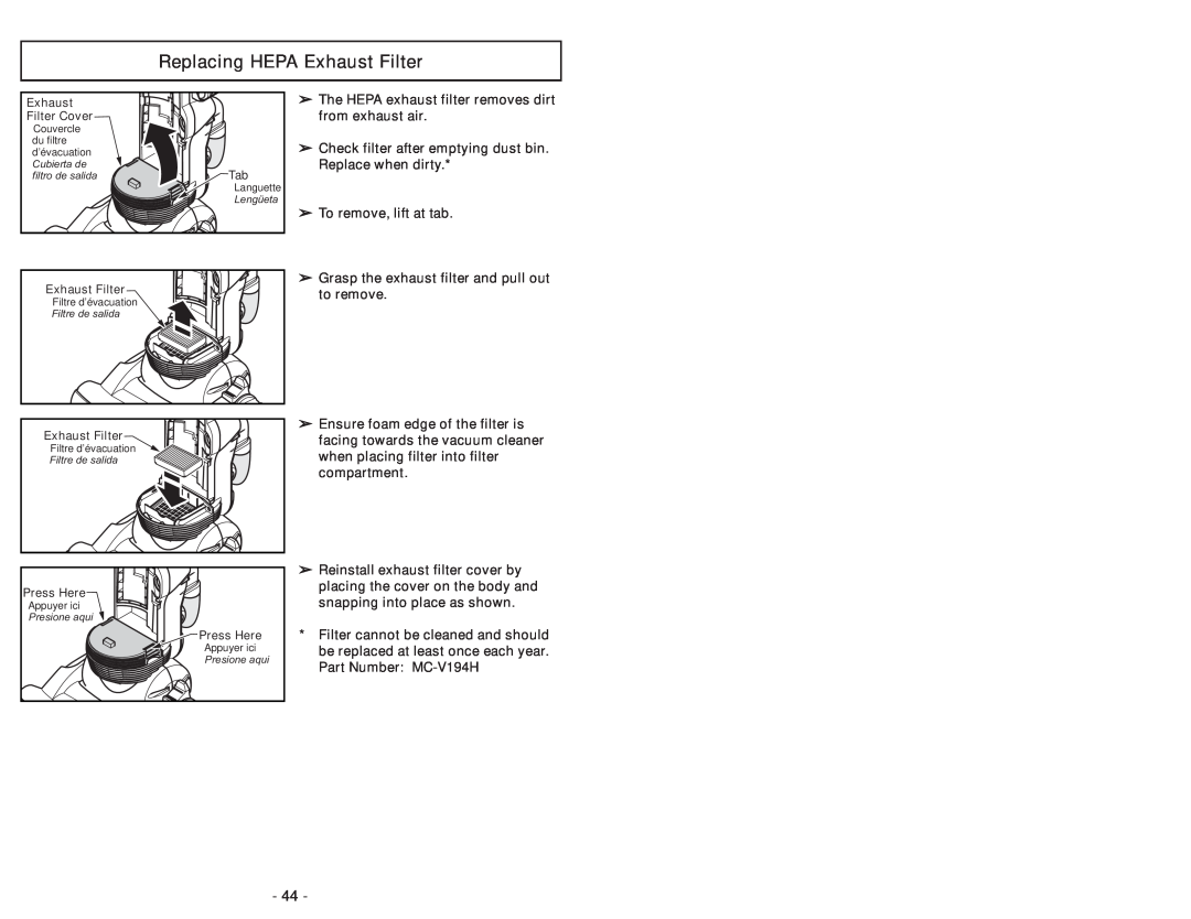 Panasonic MC-UL910 operating instructions Replacing HEPA Exhaust Filter 