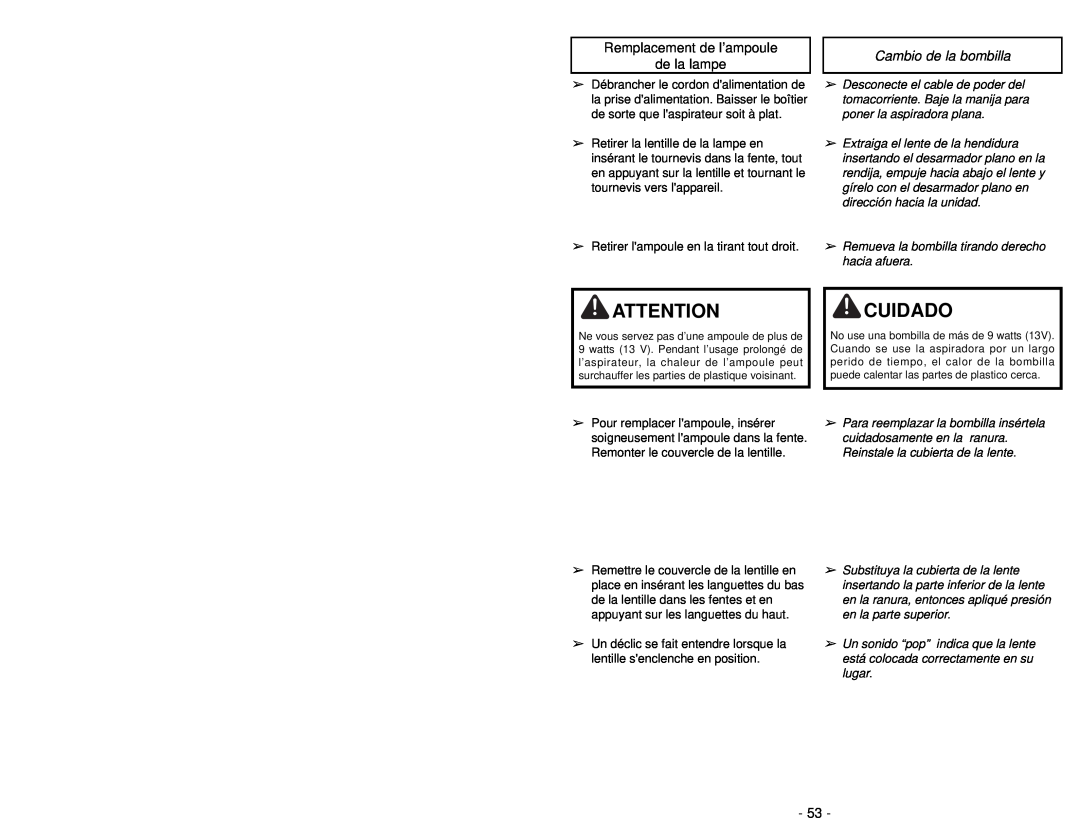 Panasonic MC-UL910 operating instructions Remplacement de l’ampoule de la lampe, Cambio de la bombilla, Cuidado 