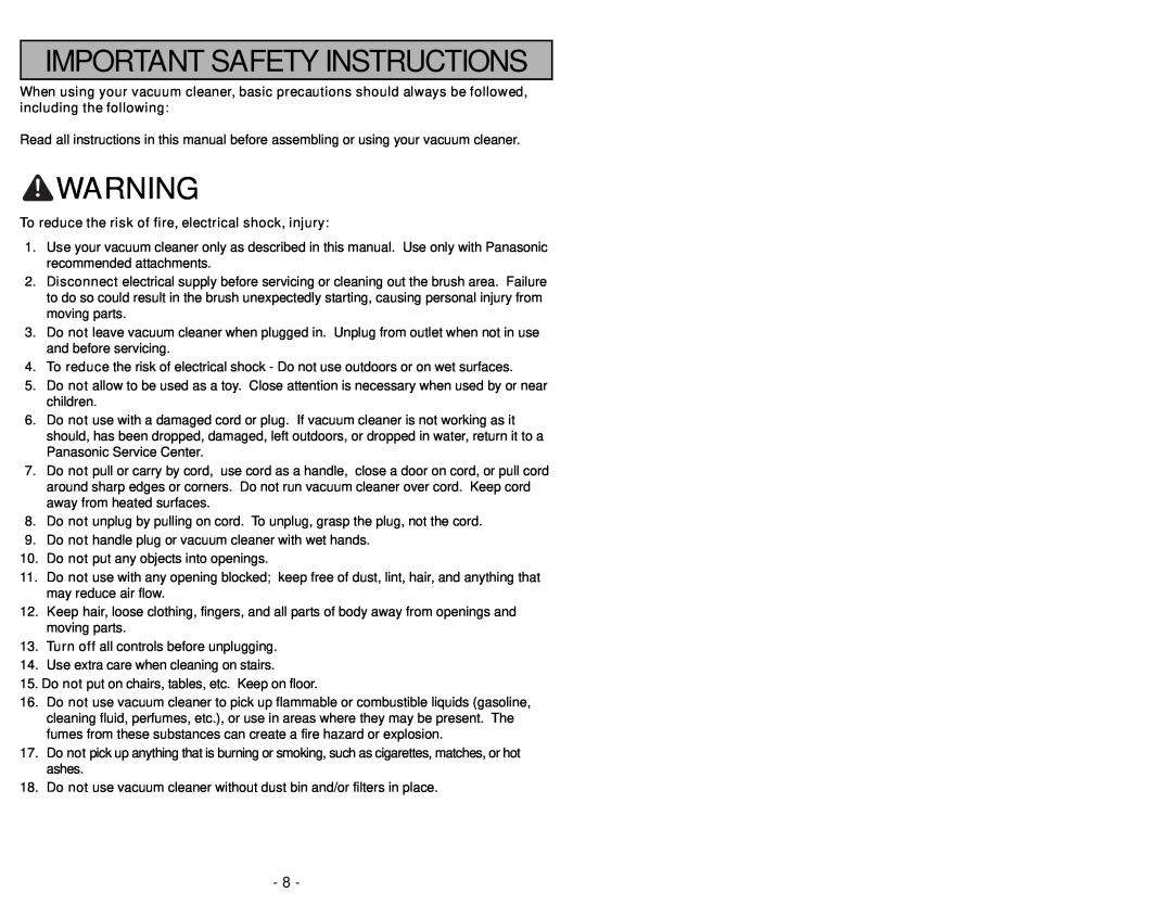Panasonic MC-UL910 Important Safety Instructions, To reduce the risk of fire, electrical shock, injury 