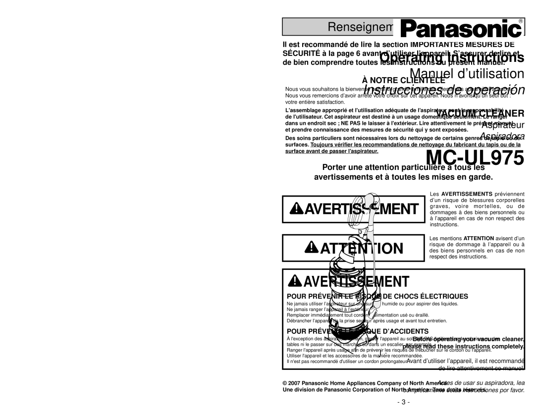 Panasonic MC-UL975 manuel dutilisation Avertissement 