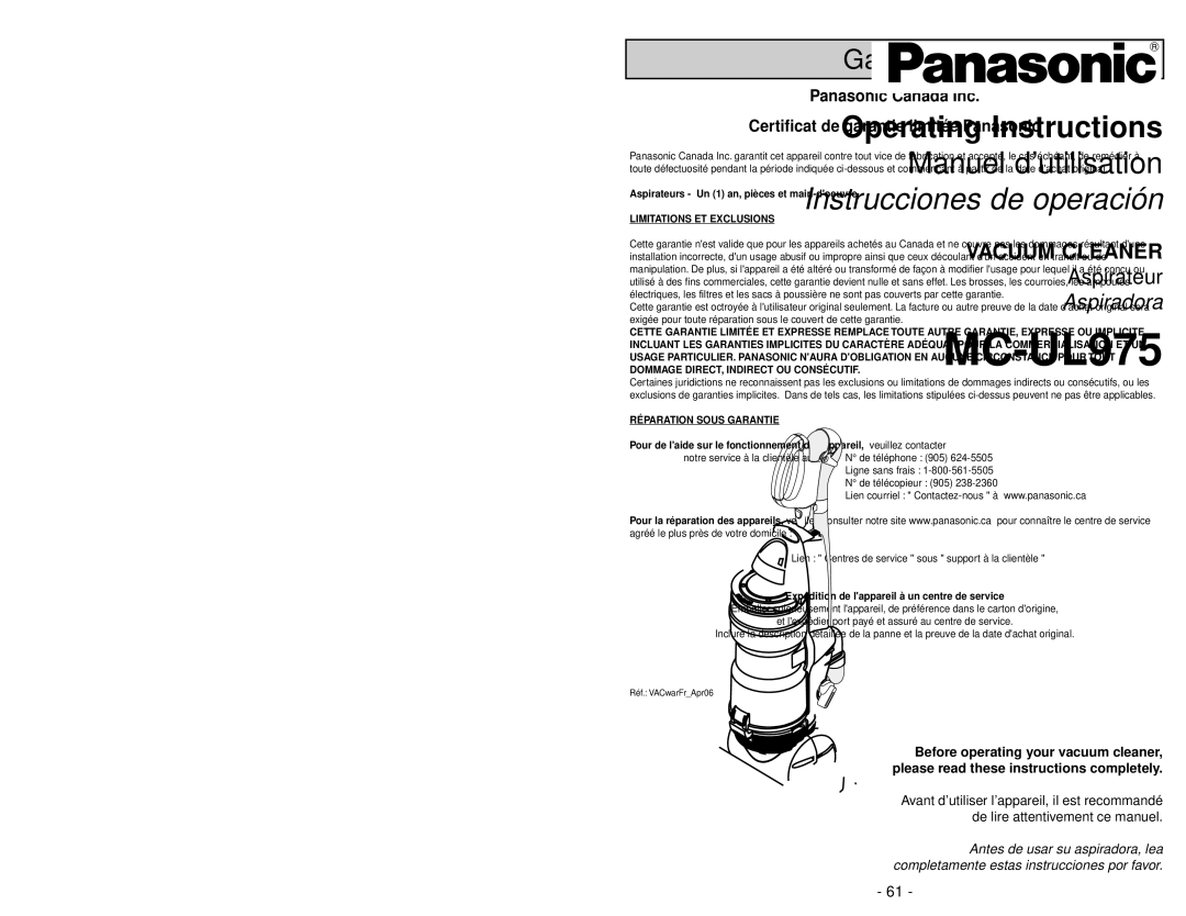 Panasonic MC-UL975 manuel dutilisation Advertencia Cuidado 