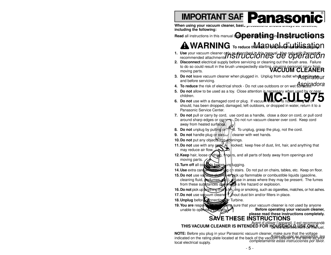 Panasonic MC-UL975 manuel dutilisation Important Safety Instructions 