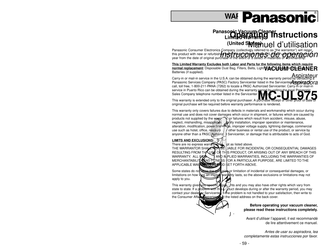 Panasonic MC-UL975 manuel dutilisation Avertissement 