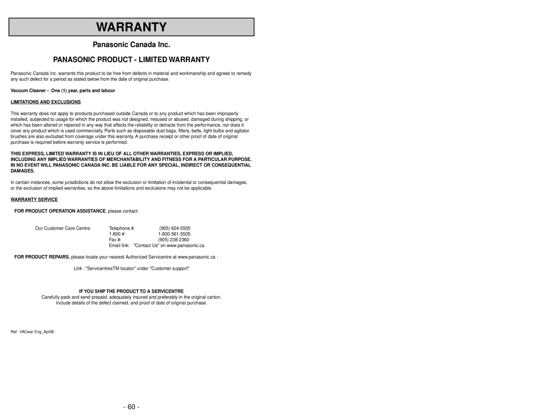 Panasonic MC-UL975 manuel dutilisation Panasonic Product Limited Warranty 