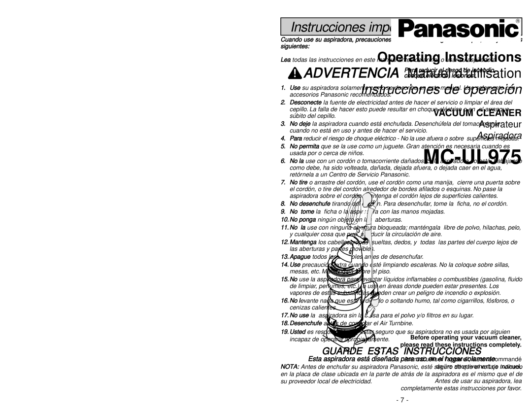 Panasonic MC-UL975 manuel dutilisation Instrucciones importantes de seguridad 