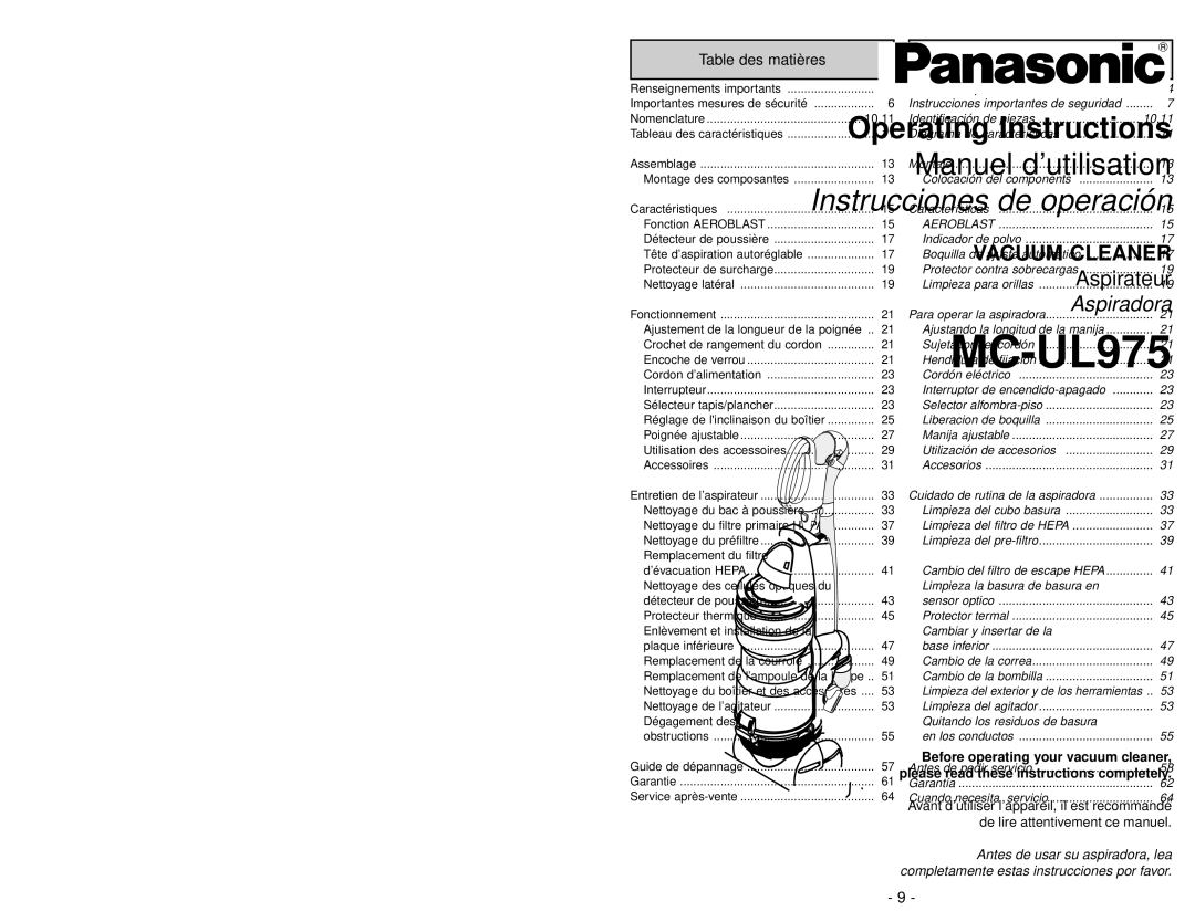 Panasonic MC-UL975 manuel dutilisation Table des matières, Tabla de contenido 