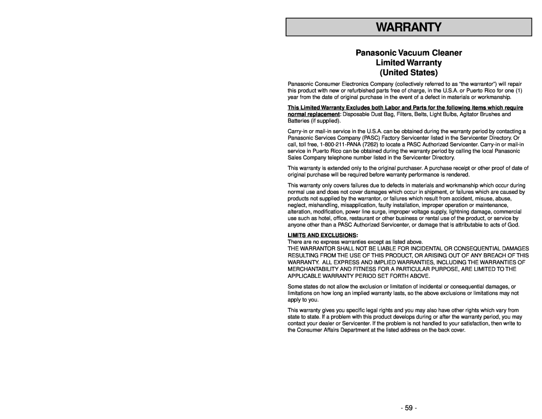 Panasonic MC-UL975 manuel dutilisation Panasonic Vacuum Cleaner Limited Warranty, United States 