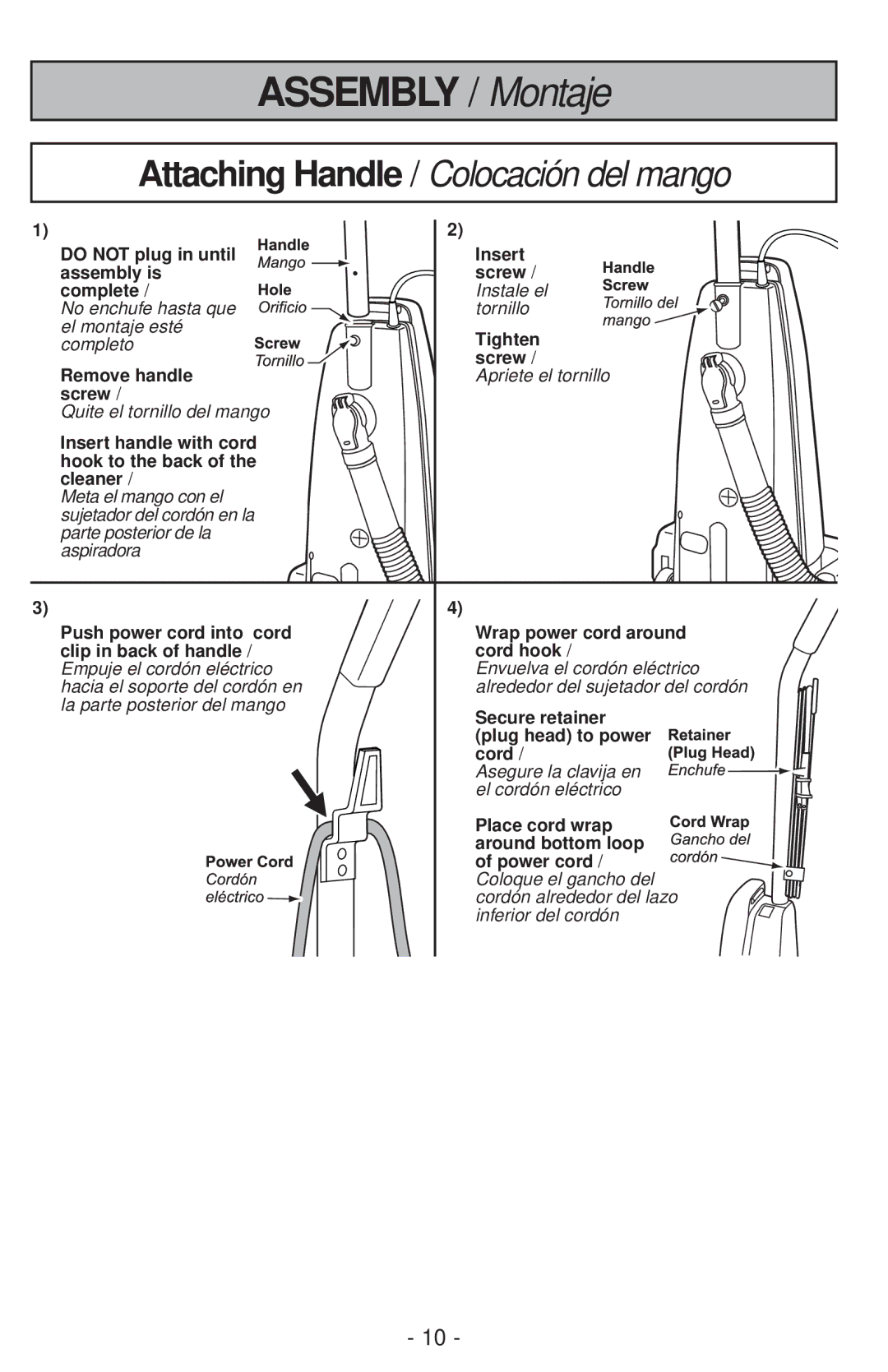 Panasonic MC-V200 manual Attaching Handle / Colocación del mango 