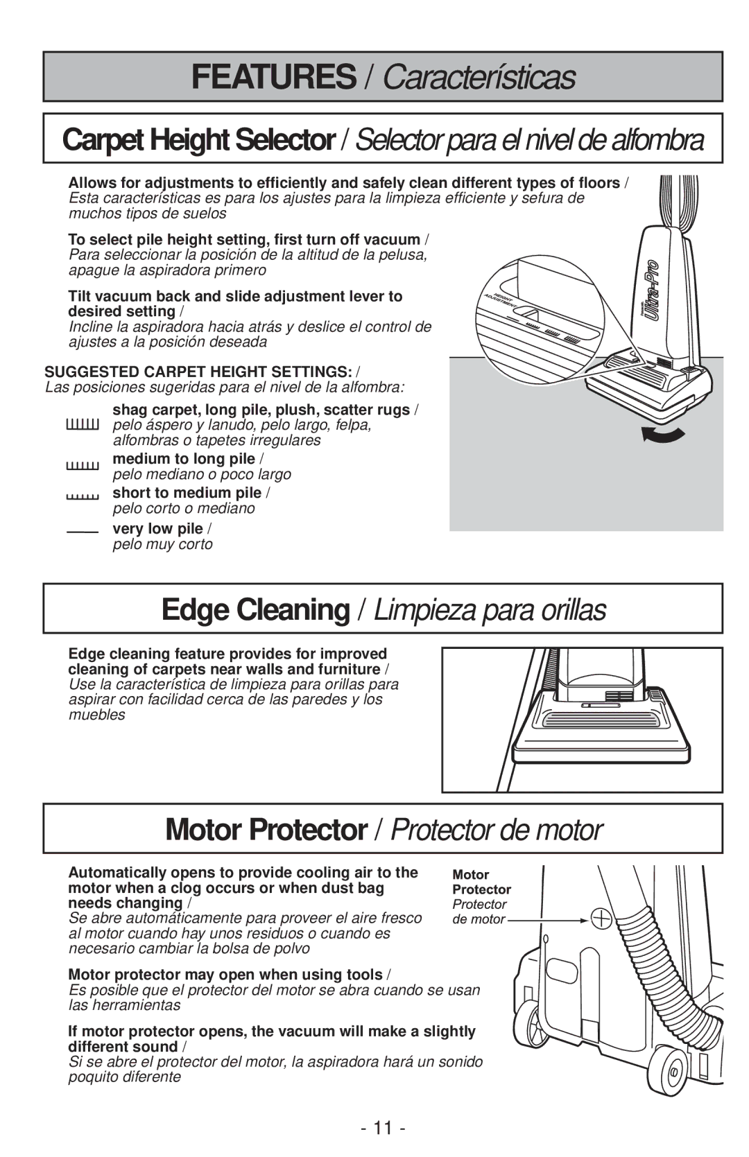 Panasonic MC-V200 Features / Características, Edge Cleaning / Limpieza para orillas, Motor Protector / Protector de motor 