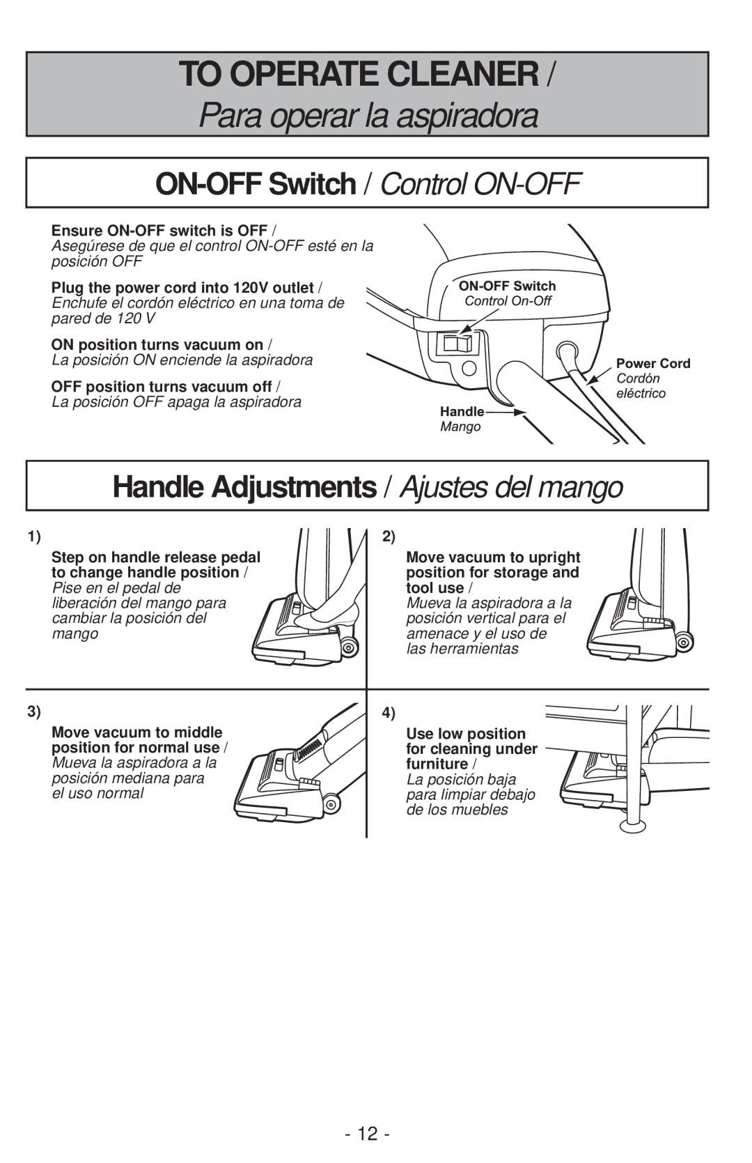 Panasonic MC-V200 manual To Operate Cleaner, Para operar la aspiradora, ON-OFF Switch / Control ON-OFF 