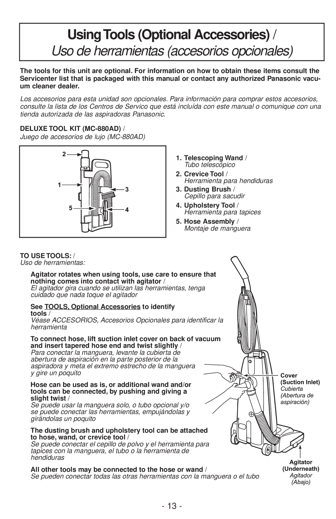 Panasonic MC-V200 manual Using Tools Optional Accessories, Uso de herramientas accesorios opcionales 