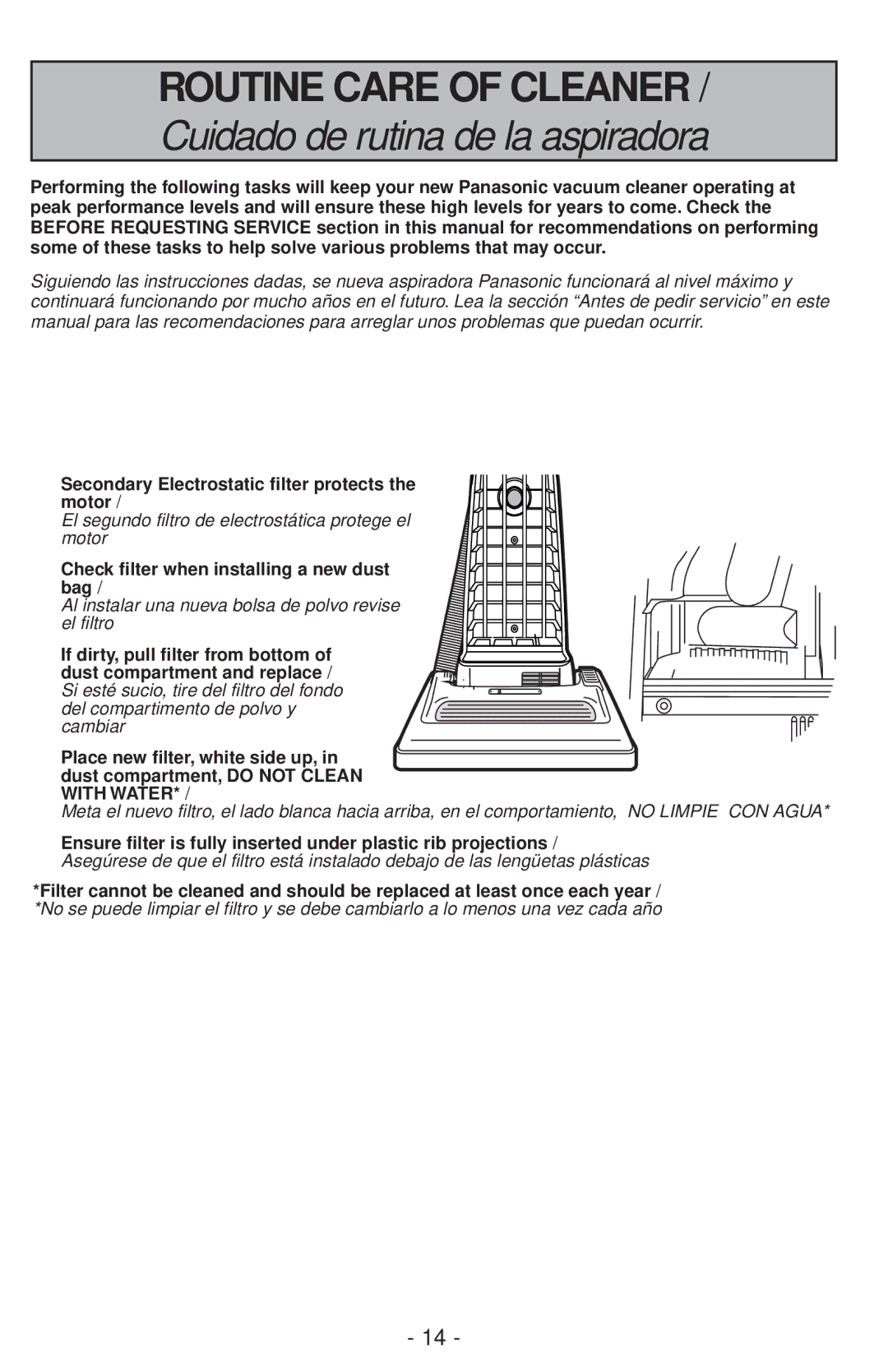 Panasonic MC-V200 Routine Care of Cleaner, Cuidado de rutina de la aspiradora, Replacing Secondary Electrostatic Filter 