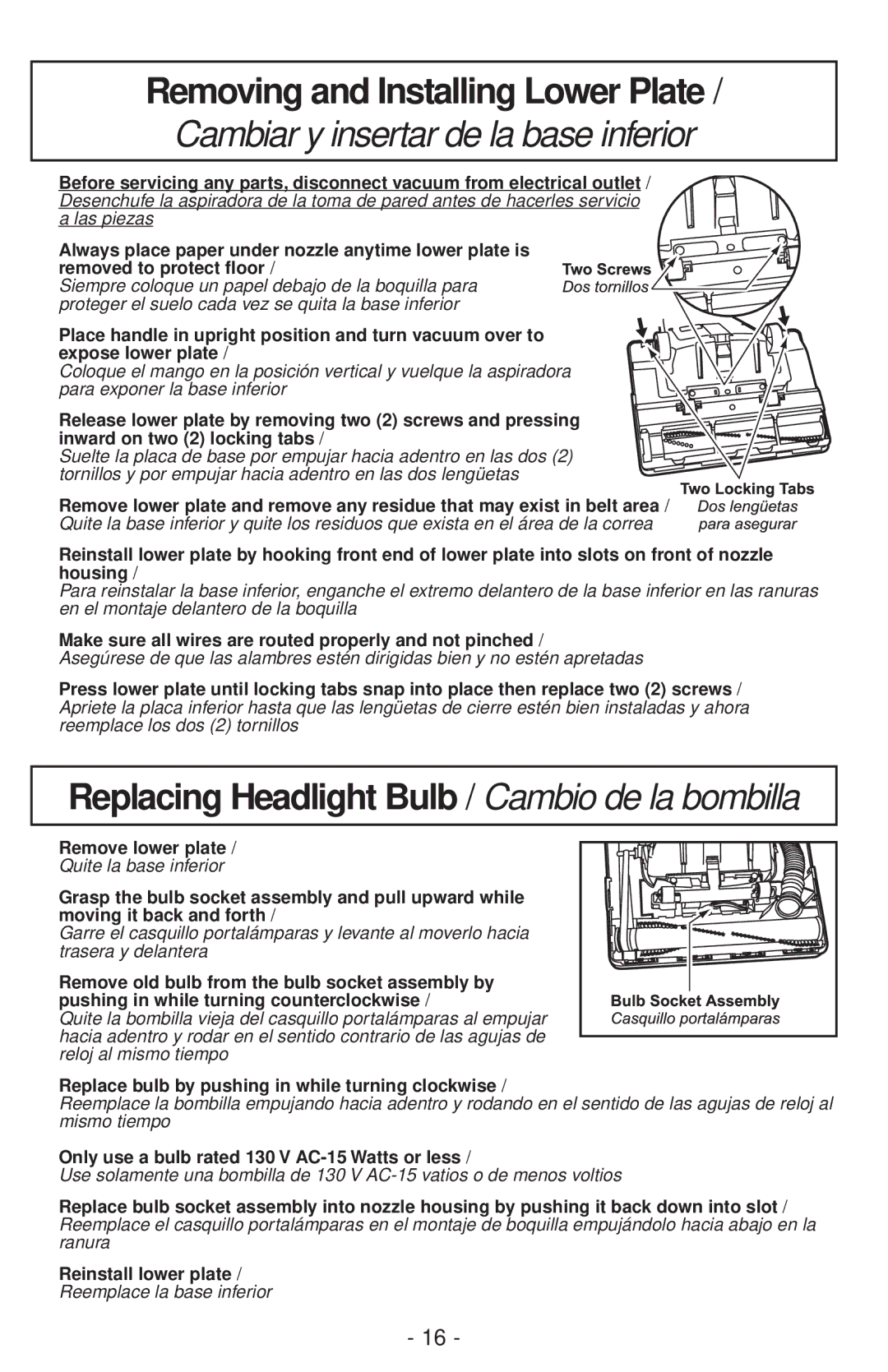 Panasonic MC-V200 manual Removing and Installing Lower Plate, Cambiar y insertar de la base inferior 