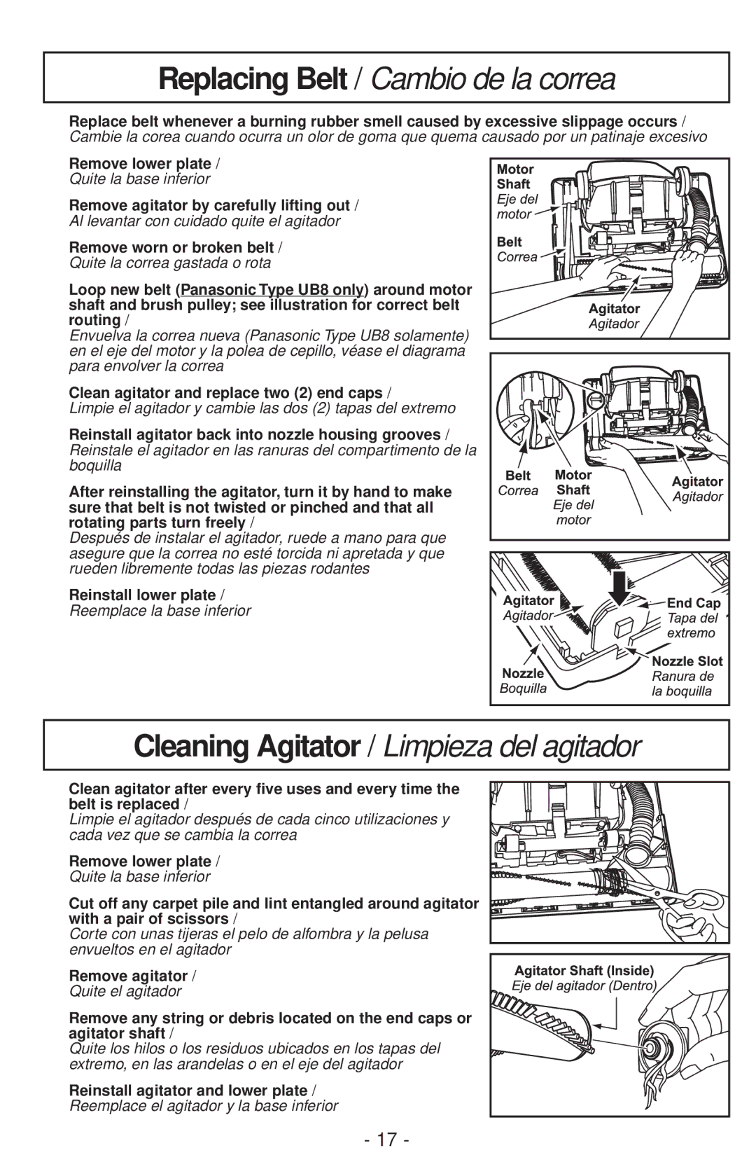 Panasonic MC-V200 manual Replacing Belt / Cambio de la correa, Cleaning Agitator / Limpieza del agitador 