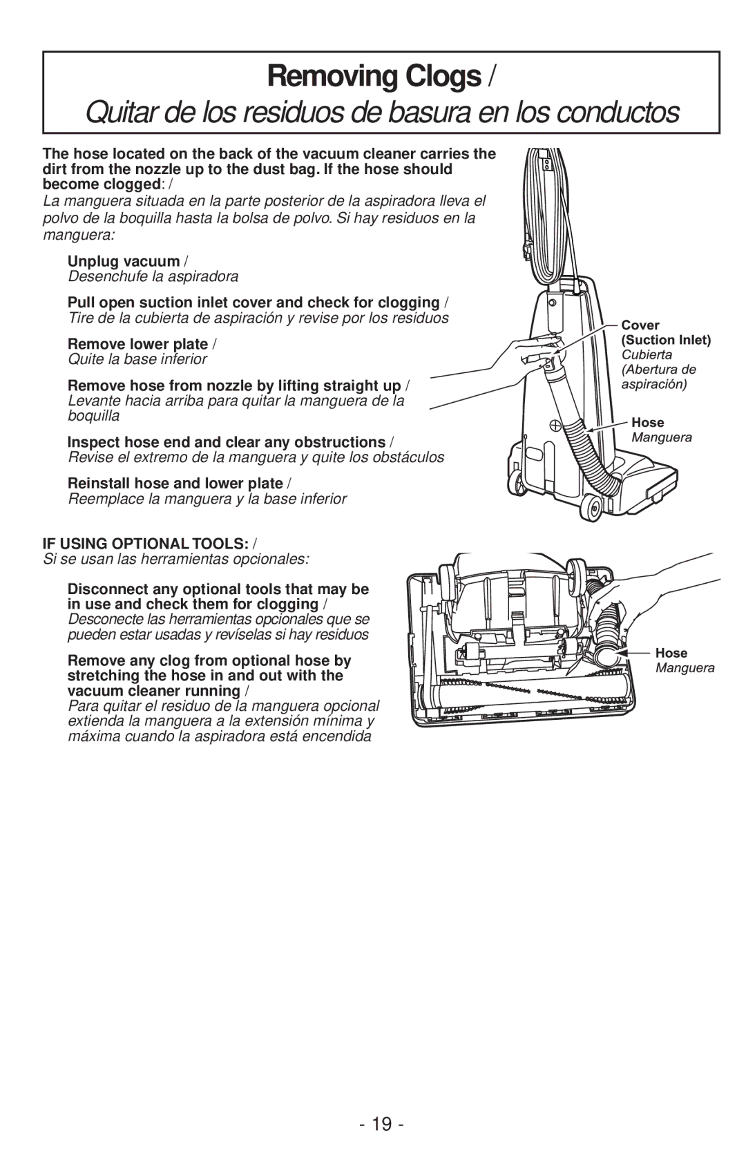 Panasonic MC-V200 manual Removing Clogs, Unplug vacuum 