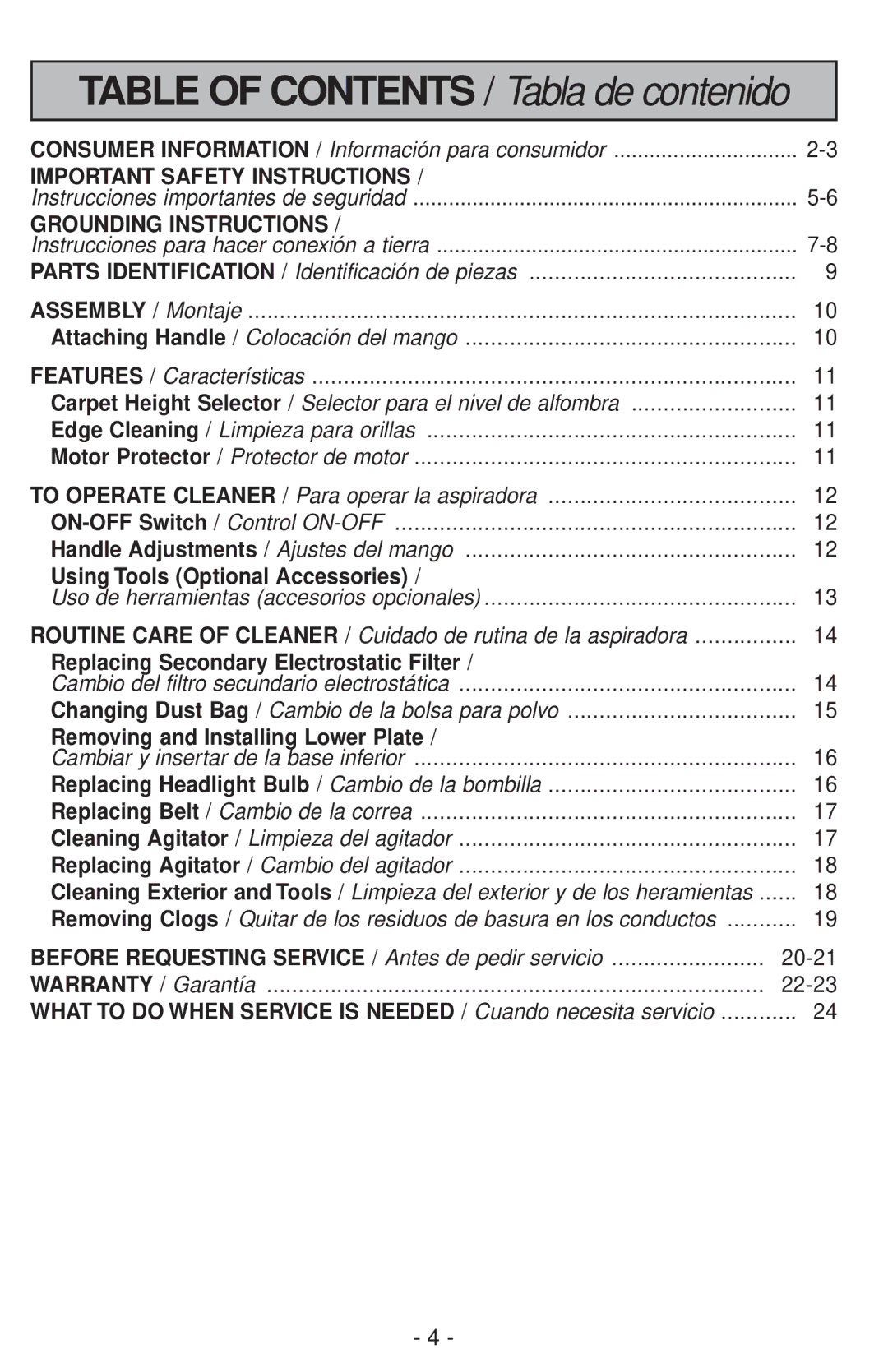 Panasonic MC-V200 manual Table of Contents / Tabla de contenido 