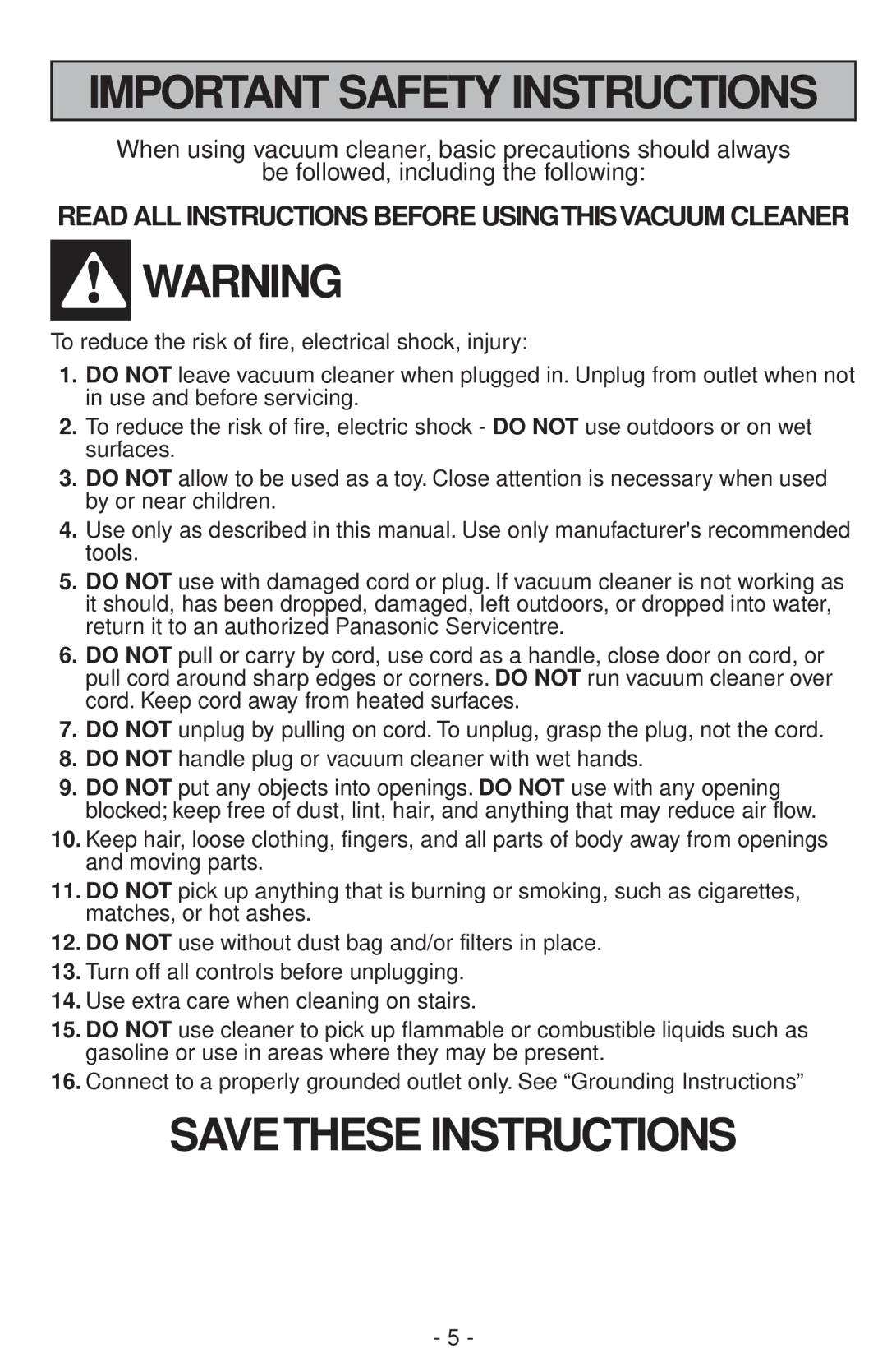 Panasonic MC-V200 manual Savethese Instructions 