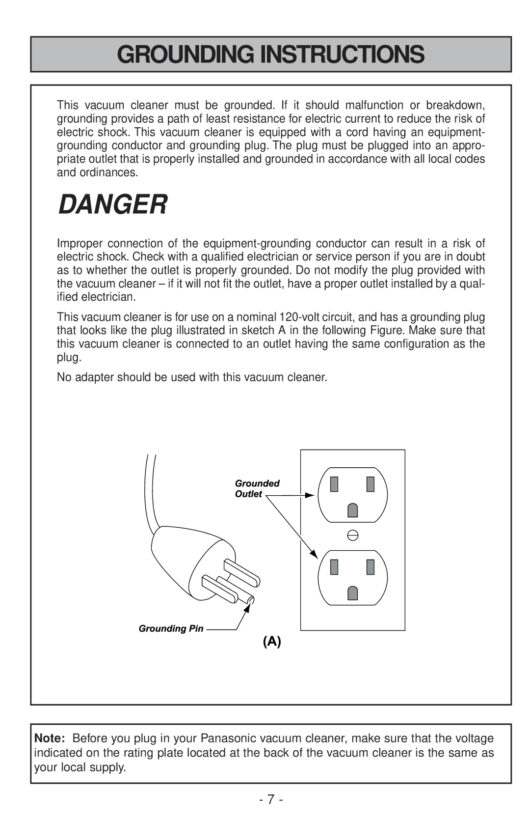 Panasonic MC-V200 manual Grounding Instructions 