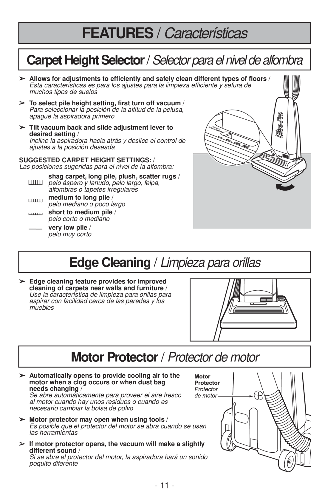Panasonic MC-V200 FEATURES / Características, Edge Cleaning / Limpieza para orillas, Motor Protector / Protector de motor 