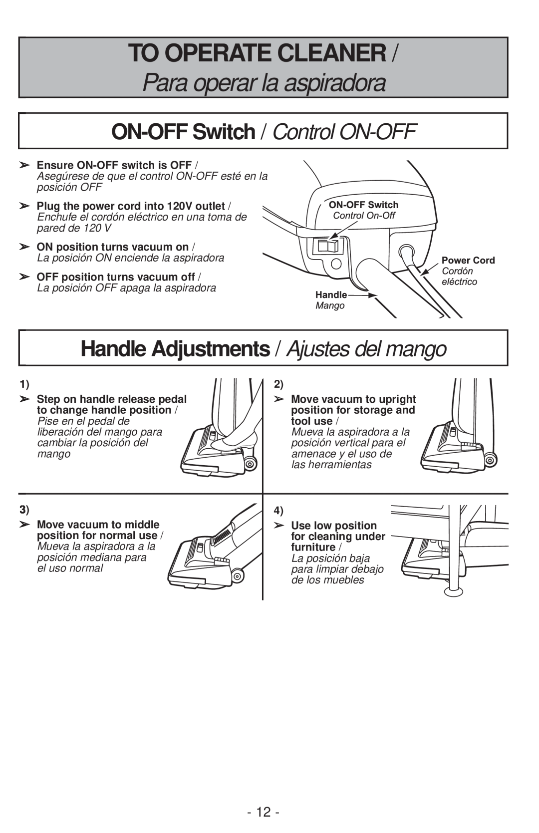 Panasonic MC-V200 manual To Operate Cleaner, Para operar la aspiradora, ON-OFFSwitch / Control ON-OFF 
