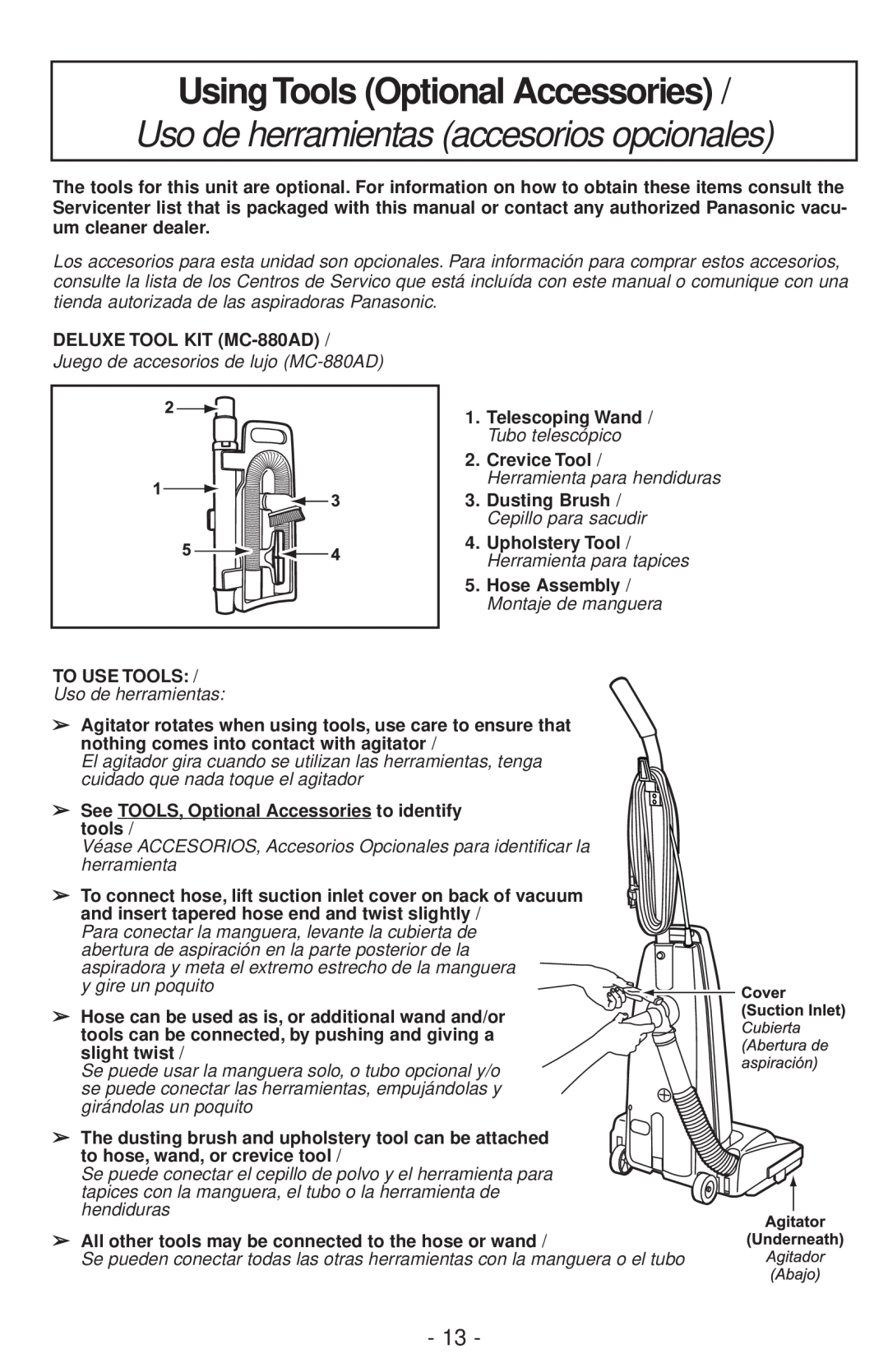 Panasonic MC-V200 manual Using Tools Optional Accessories, Uso de herramientas accesorios opcionales 