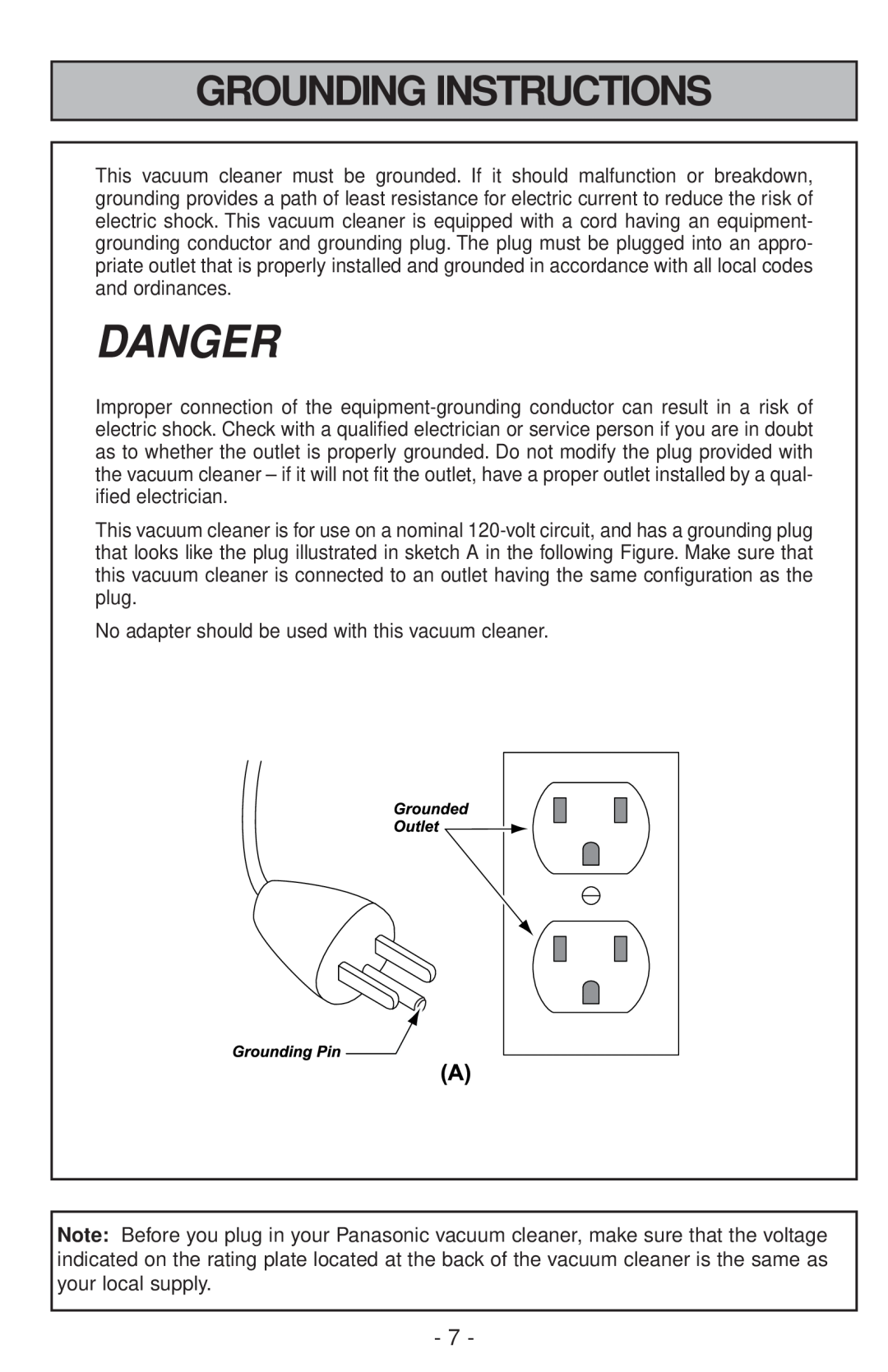 Panasonic MC-V200 manual Danger, Grounding Instructions 