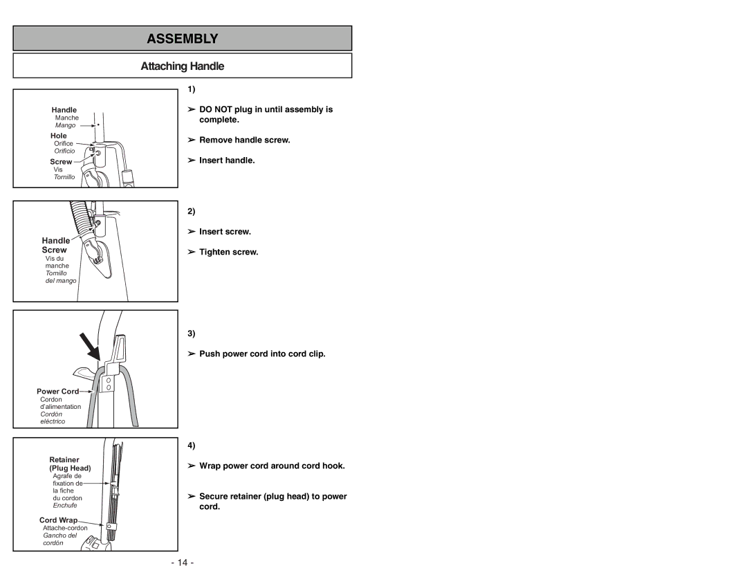 Panasonic MC-V225 manuel dutilisation Assembly, Attaching Handle 