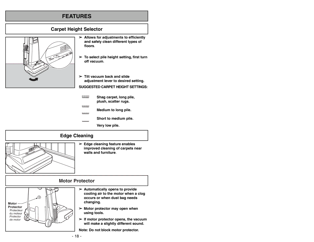 Panasonic MC-V225 manuel dutilisation Carpet Height Selector, Edge Cleaning, Motor Protector 