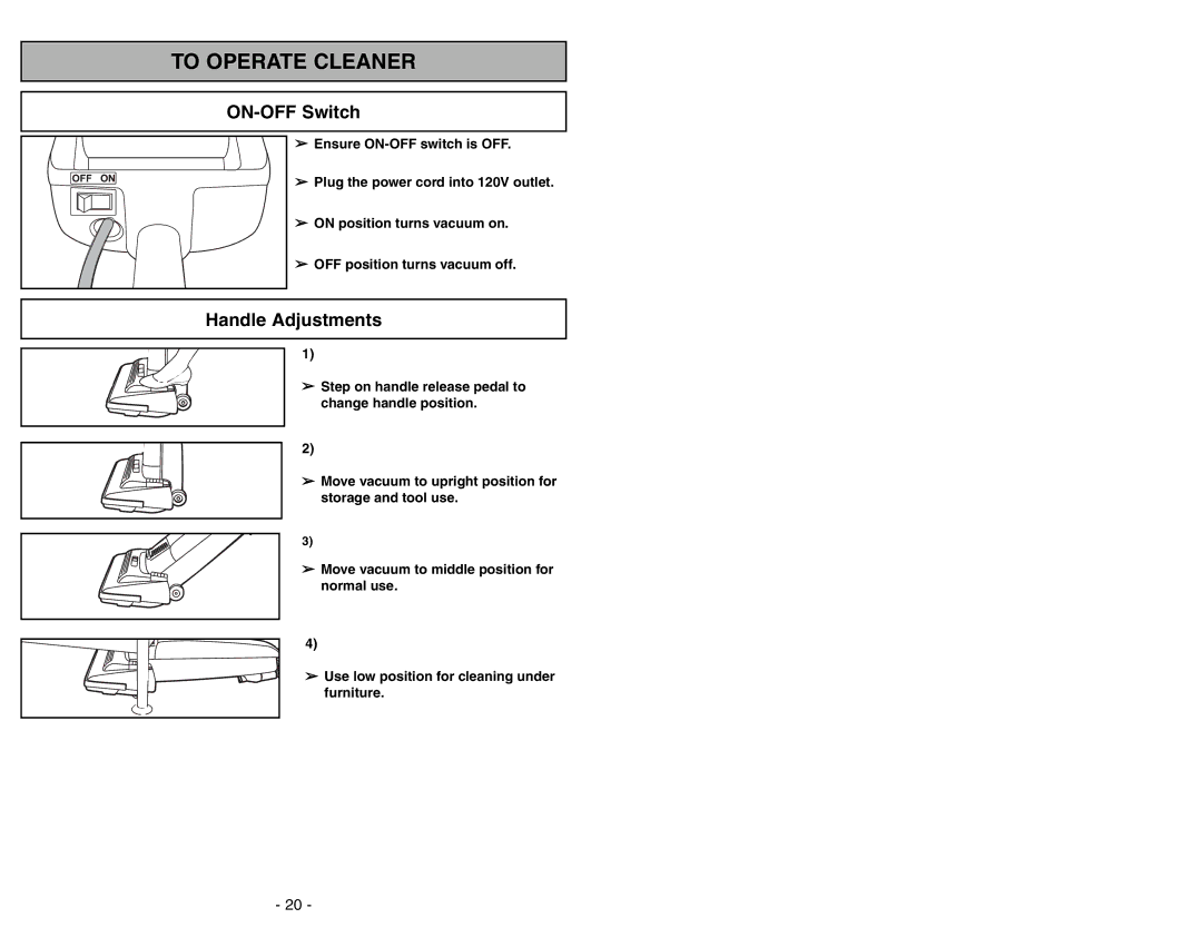 Panasonic MC-V225 manuel dutilisation ON-OFF Switch, Handle Adjustments 