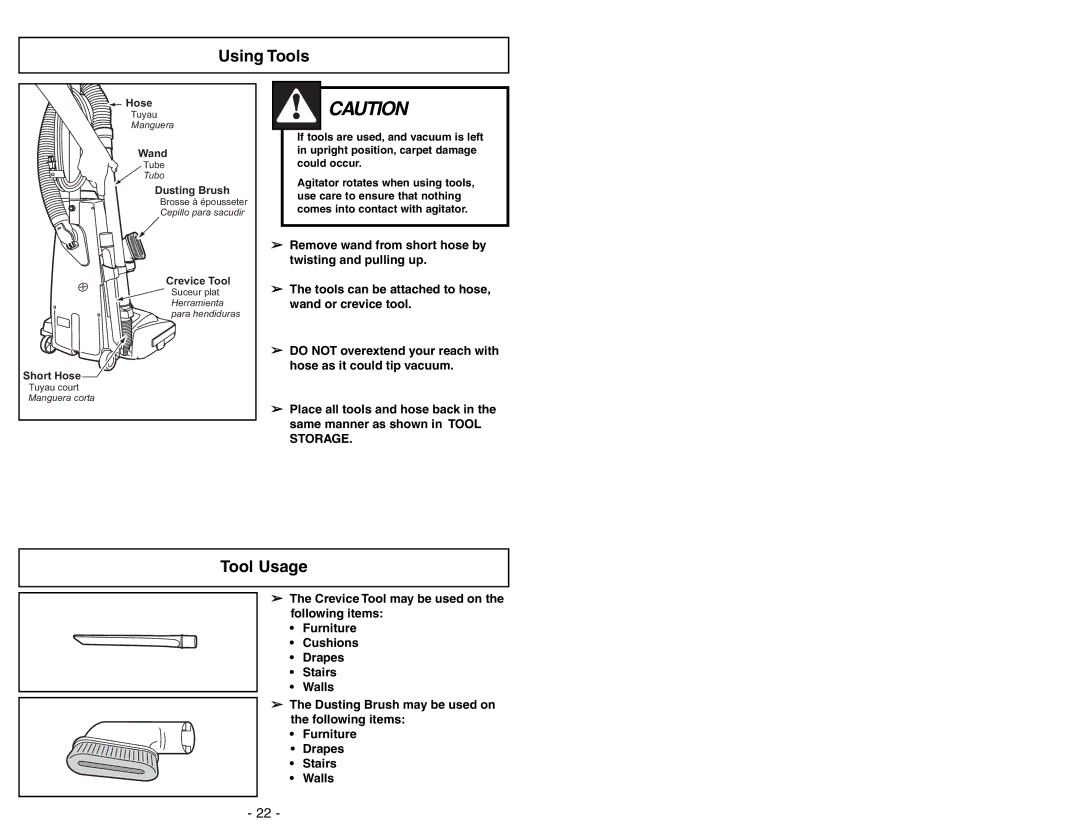 Panasonic MC-V225 manuel dutilisation Using Tools, Tool Usage 