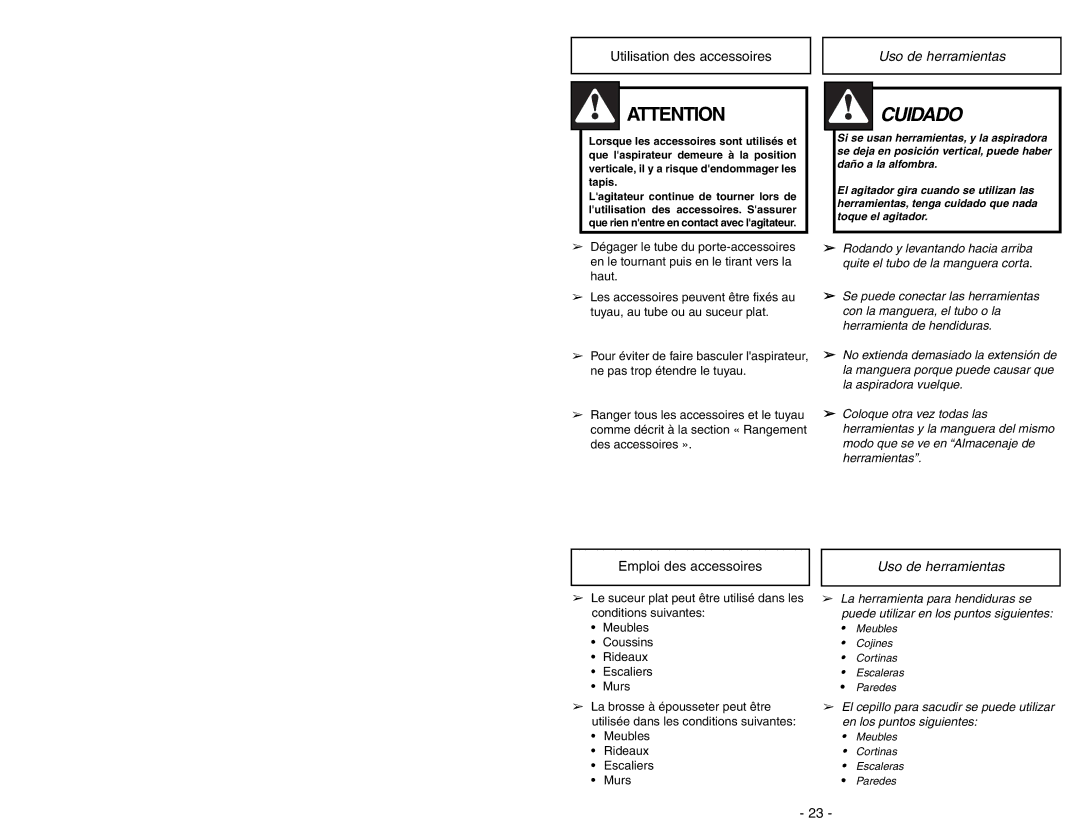 Panasonic MC-V225 manuel dutilisation Utilisation des accessoires, Uso de herramientas, Emploi des accessoires 