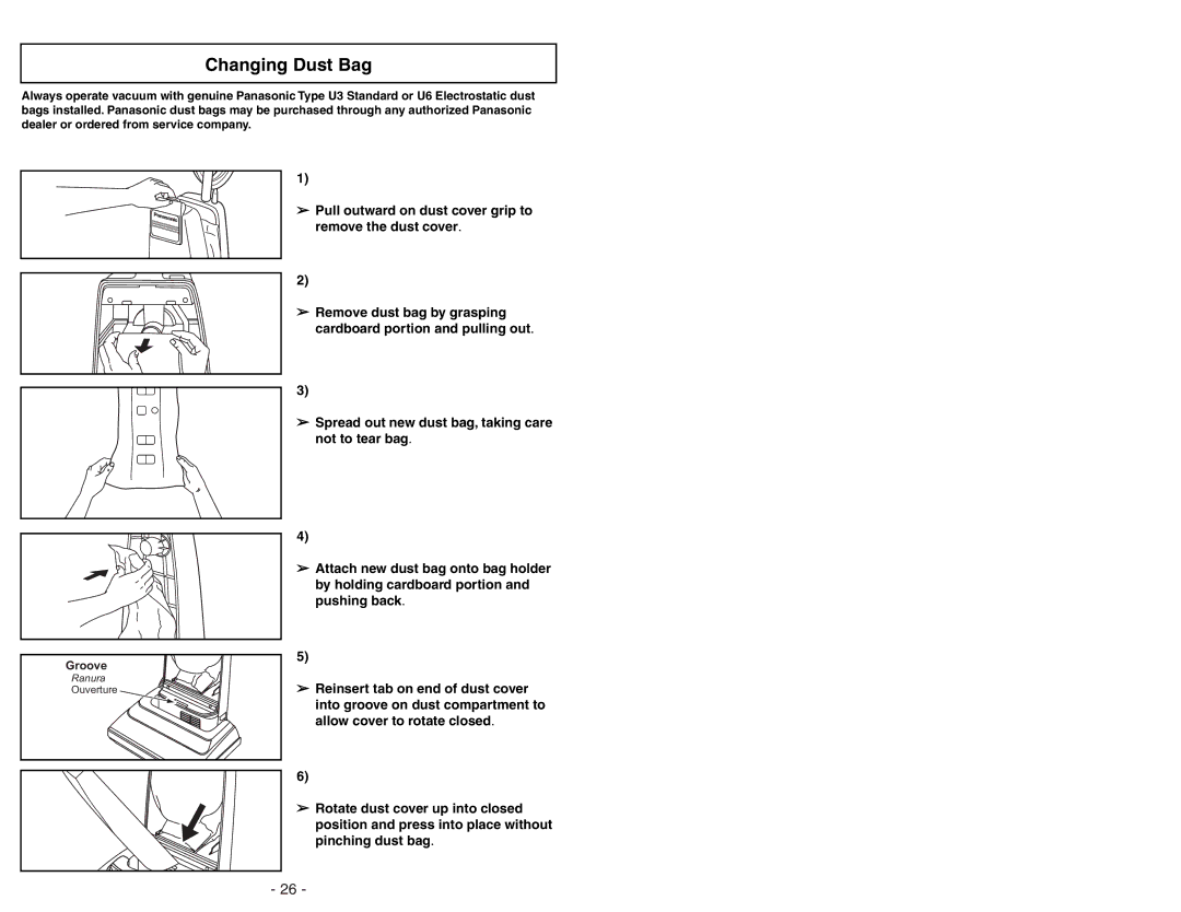 Panasonic MC-V225 manuel dutilisation Changing Dust Bag 