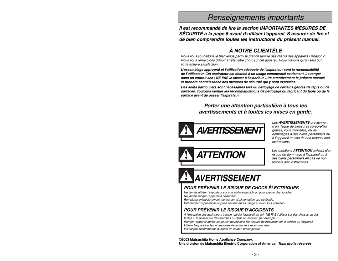 Panasonic MC-V225 manuel dutilisation Avertissement 