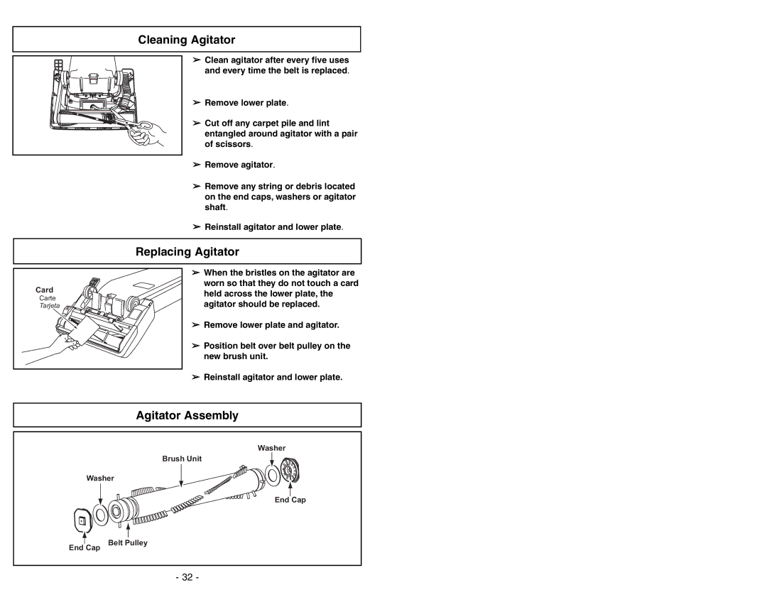 Panasonic MC-V225 manuel dutilisation Cleaning Agitator, Replacing Agitator, Agitator Assembly 