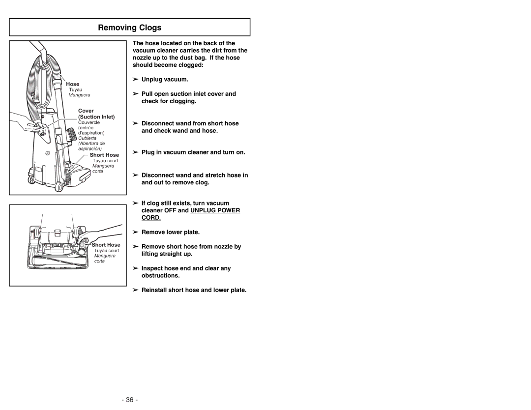 Panasonic MC-V225 manuel dutilisation Removing Clogs 