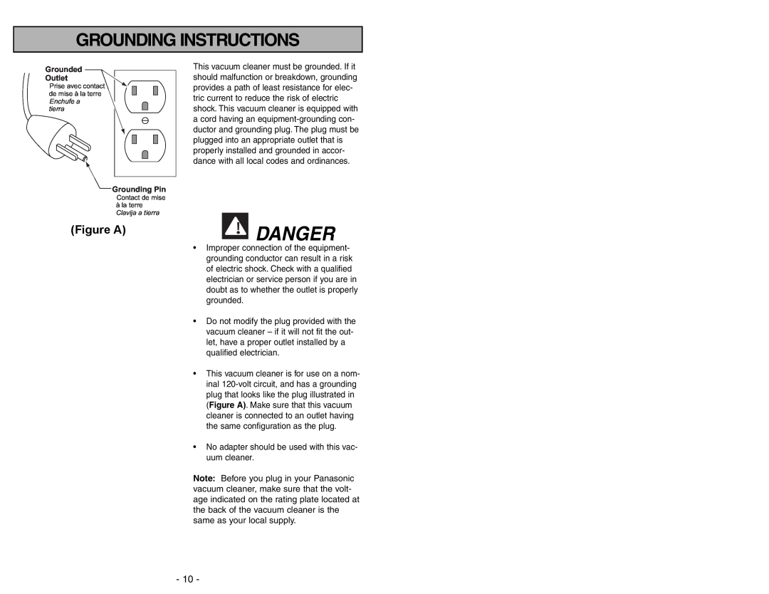 Panasonic MC-V225 manuel dutilisation Grounding Instructions, Danger, Figure A, Grounded Outlet, Grounding Pin 