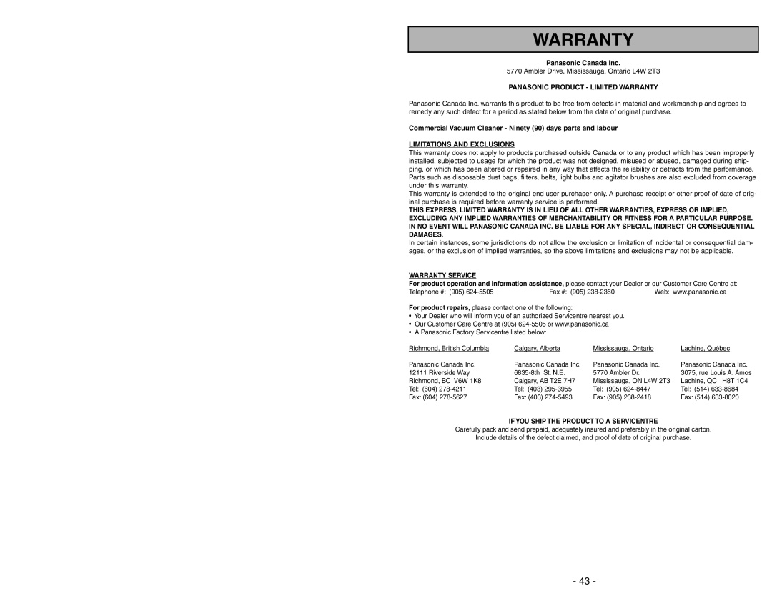 Panasonic MC-V225 Panasonic Canada Inc, Panasonic Product - Limited Warranty, Limitations And Exclusions 