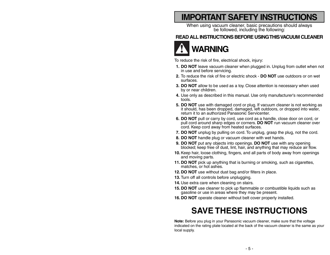 Panasonic MC-V225 Save These Instructions, Important Safety Instructions, be followed, including the following 